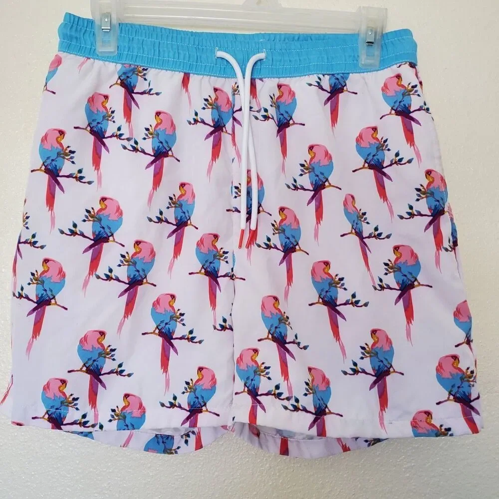 Public Record Mens Parrot Print Swim Trunks White Blue Tropical Board Shorts M